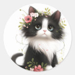 Lovely Tuxedo Kitten with Flowers  Classic Round Sticker