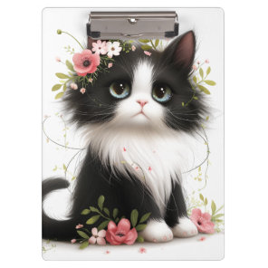 Lovely Tuxedo Kitten with Flowers  Clipboard