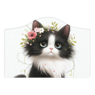 Lovely Tuxedo Kitten with Flowers Door Sign