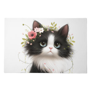 Lovely Tuxedo Kitten with Flowers  Doormat