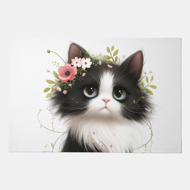 Lovely Tuxedo Kitten with Flowers  Doormat (Front)