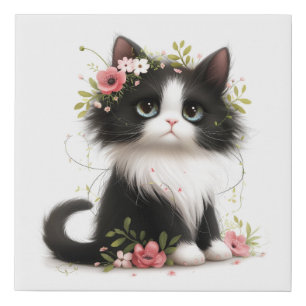 Lovely Tuxedo Kitten with Flowers Faux Canvas Print
