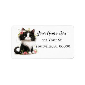 Lovely Tuxedo Kitten with Flowers  Label