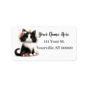 Lovely Tuxedo Kitten with Flowers Label