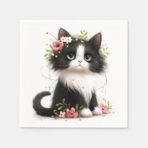 Lovely Tuxedo Kitten with Flowers Napkins