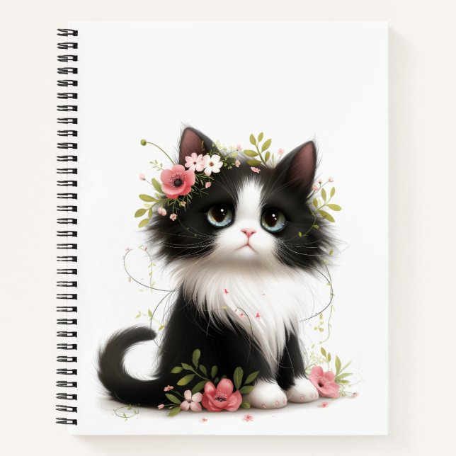 Lovely Tuxedo Kitten with Flowers  Notebook (Front)