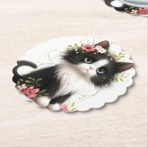 Lovely Tuxedo Kitten with Flowers  Paper Coaster