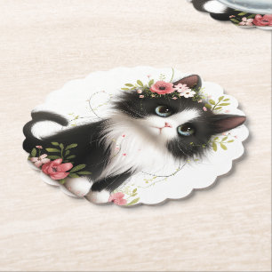 Lovely Tuxedo Kitten with Flowers Paper Coaster