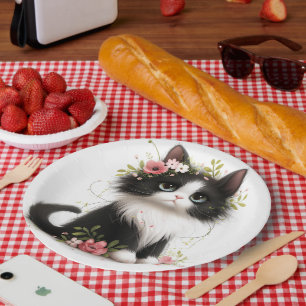 Lovely Tuxedo Kitten with Flowers  Paper Plates