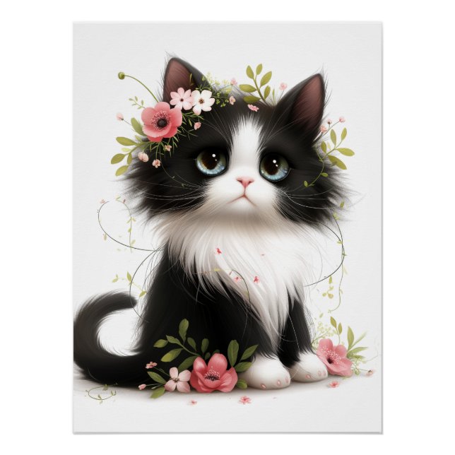 Lovely Tuxedo Kitten with Flowers  Poster (Front)