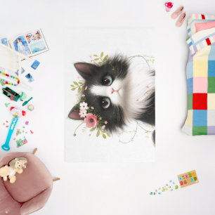 Lovely Tuxedo Kitten with Flowers  Rug