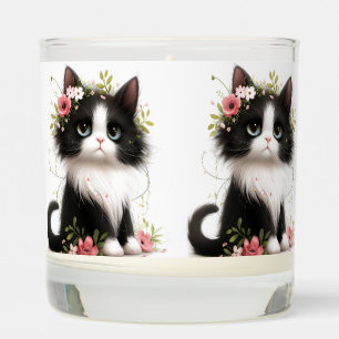 Lovely Tuxedo Kitten with Flowers  Scented Candle