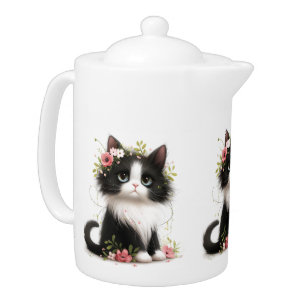 Lovely Tuxedo Kitten with Flowers  Teapot