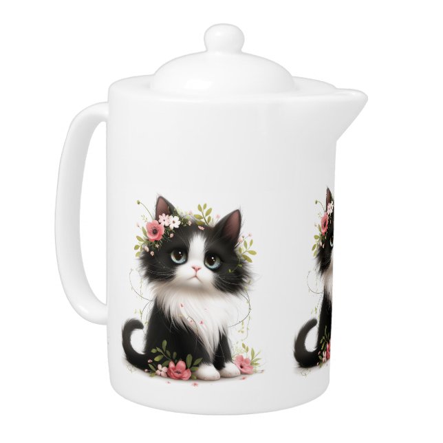 Lovely Tuxedo Kitten with Flowers  Teapot (Left)