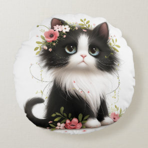Lovely Tuxedo Kitten with Flowers Throw Pillow