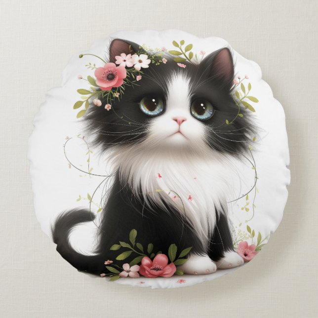 Lovely Tuxedo Kitten with Flowers Throw Pillow (Front)