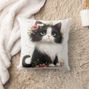Lovely Tuxedo Kitten with Flowers Throw Pillow
