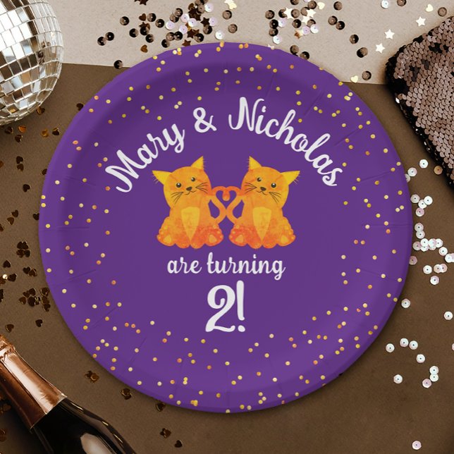 Lovely Twins Birthday Kittens Cartoon Party Purple Paper Plates (Creator Uploaded)