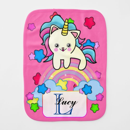 Lovely Unicorn Kitten on Pastel Rainbow Baby Burp Cloth