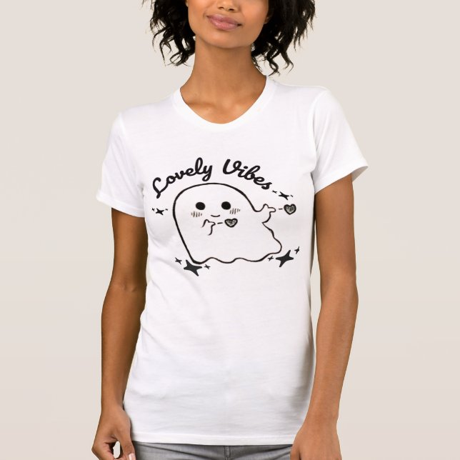 Lovely Vibes Cute Ghost Design Black & White  T-Shirt (Front)