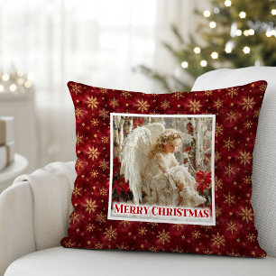 Lovely Vintage Angel Red Gold Festive Christmas Throw Pillow