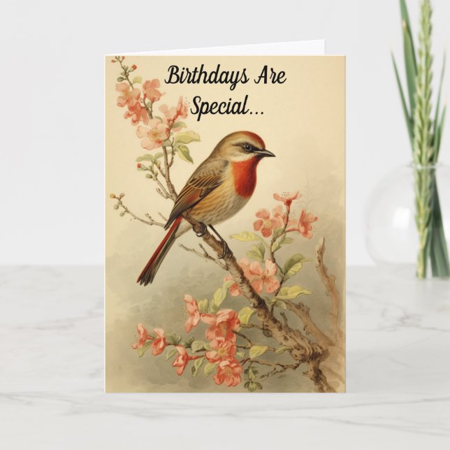 Lovely Vintage Bird Birthday Greeting Card (Front)