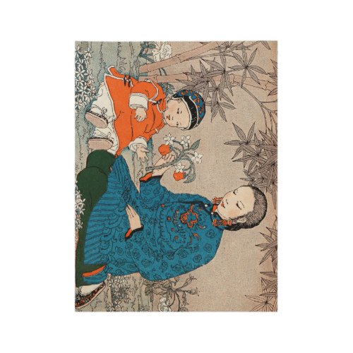 Lovely Vintage Chinese Mother With Baby Flowers Wood Poster