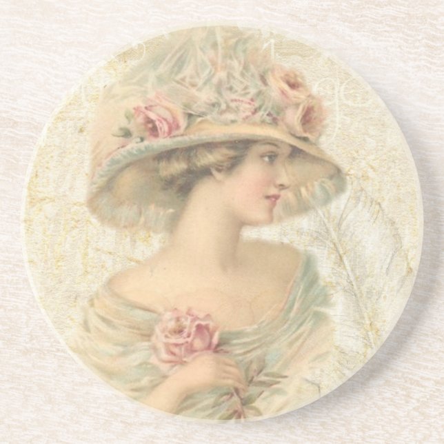 Lovely Vintage Lady Sandstone Coasters (Front)