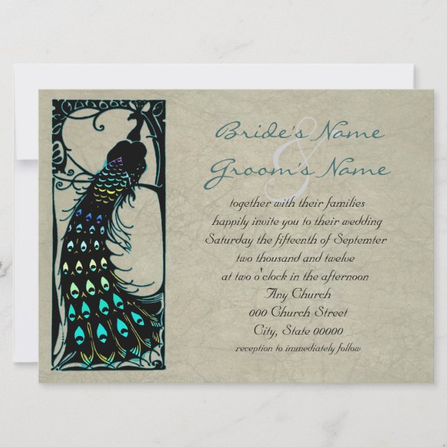 Lovely Vintage Peacock Art Nouveau Wedding Invitation (Front)
