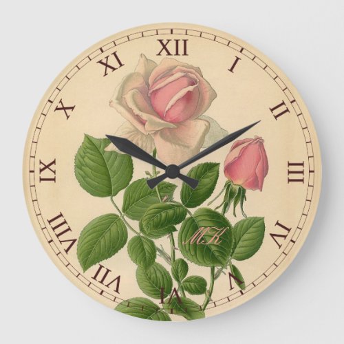 Lovely Vintage Pink Hybrid Tea Rose Roman Numerals Large Clock