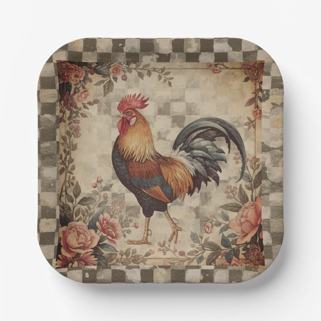 Lovely Vintage Rooster and Flowers Pattern Paper Plates (Front)