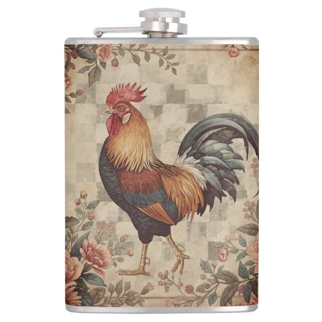 Lovely Vintage Rooster ,Flowers Pattern, Checke Flask (Front)