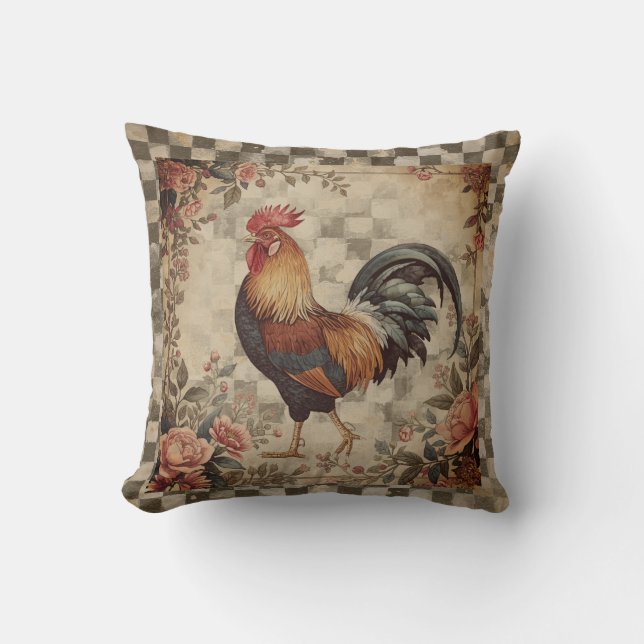 Lovely Vintage Rooster ,Flowers Pattern, Checke Throw Pillow (Front)