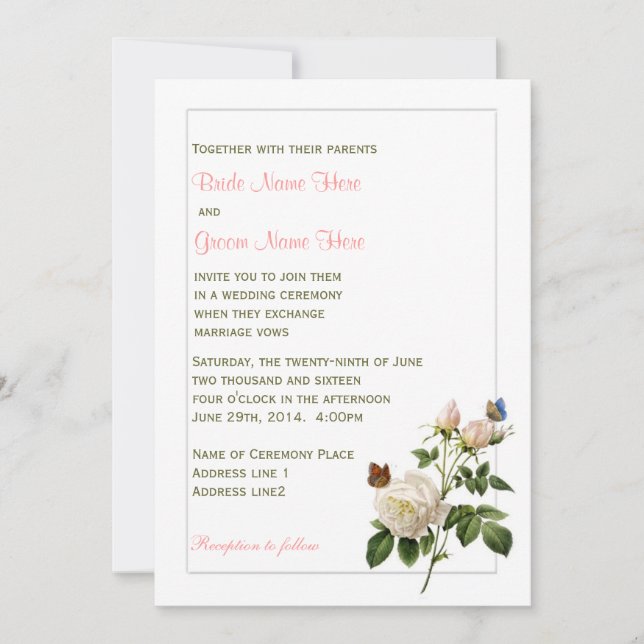 Lovely vintage white rose and butterflies wedding invitation (Front)