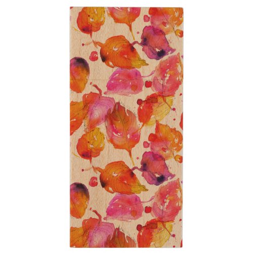 Lovely watercolor autumn leaves  pattern wood USB flash drive