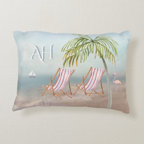 Lovely Watercolor Beach Scene Custom Monogram Accent Pillow