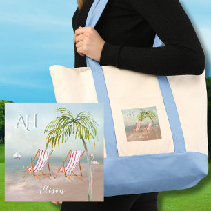 Lovely Watercolor Beach Scene Custom Monogram Name Tote Bag