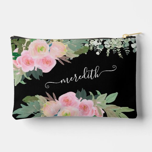 Lovely Watercolor Black and Pink Floral Name  Accessory Pouch