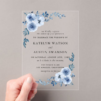 lovely watercolor dusty blue floral wedding acrylic invitations