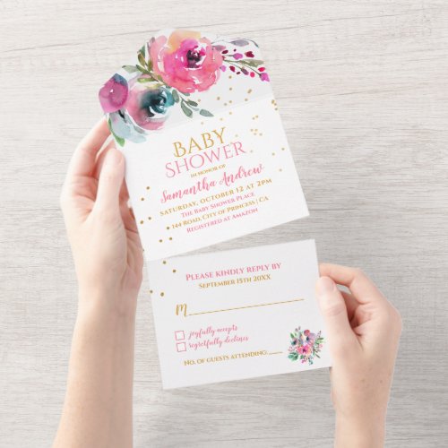 Lovely Watercolor Floral Girl Baby Shower All In One Invitation