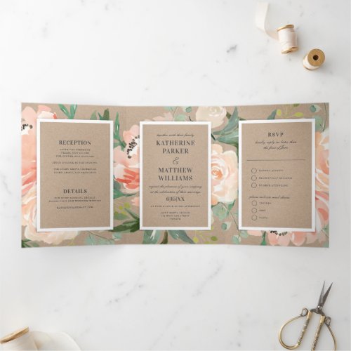 Lovely Watercolor Floral Kraft All_In_One Wedding Tri_Fold Invitation