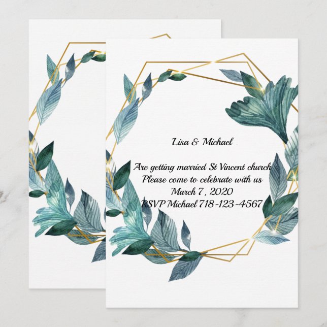 Lovely Watercolor Framed Leaves Wedding Invitation (Front/Back)