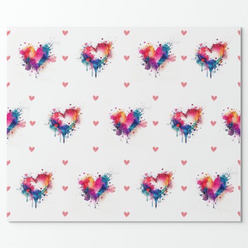Lovely Watercolor Hearts on White Valentines Day Wrapping Paper