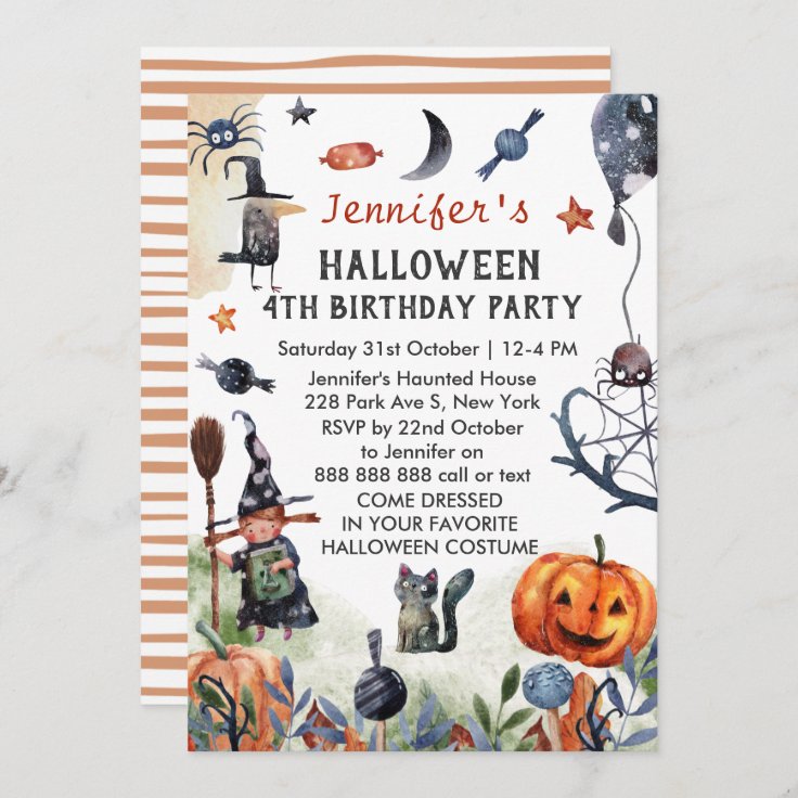 Lovely Watercolor Kids Birthday Halloween Invitation | Zazzle