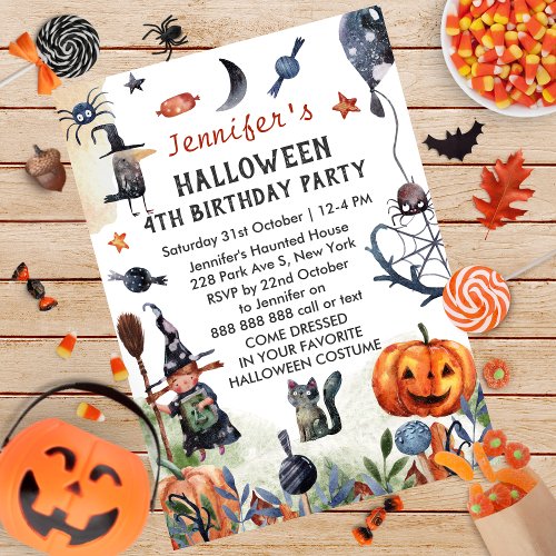 Lovely Watercolor Kids Birthday Halloween Invitation