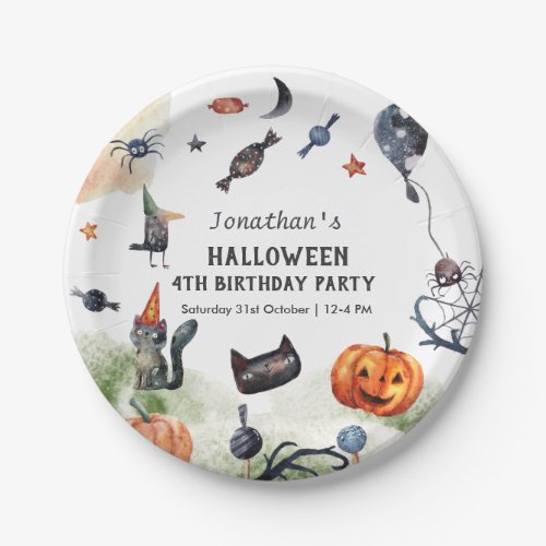Lovely Watercolor Kids Birthday Halloween Paper Plates