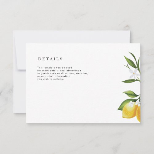 lovely watercolor lemon wedding details card
