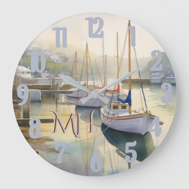 Lovely Watercolor Nautical Sailing Monogram Large Clock (Front)