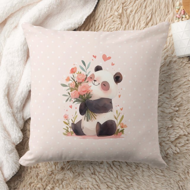 Lovely Watercolor Panda Mothers Day Gift Throw Pillow (Blanket)