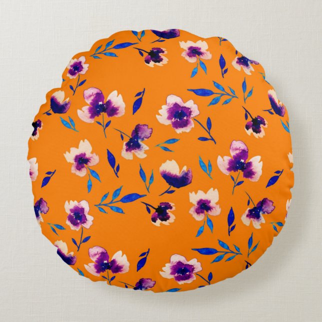 Lovely  watercolor peony poppy violet flowers and  round pillow (Front)